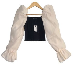 New Miou Muse Top‎ S Black Knit Ivory Sheer Puff Sleeve Cropped Blouse